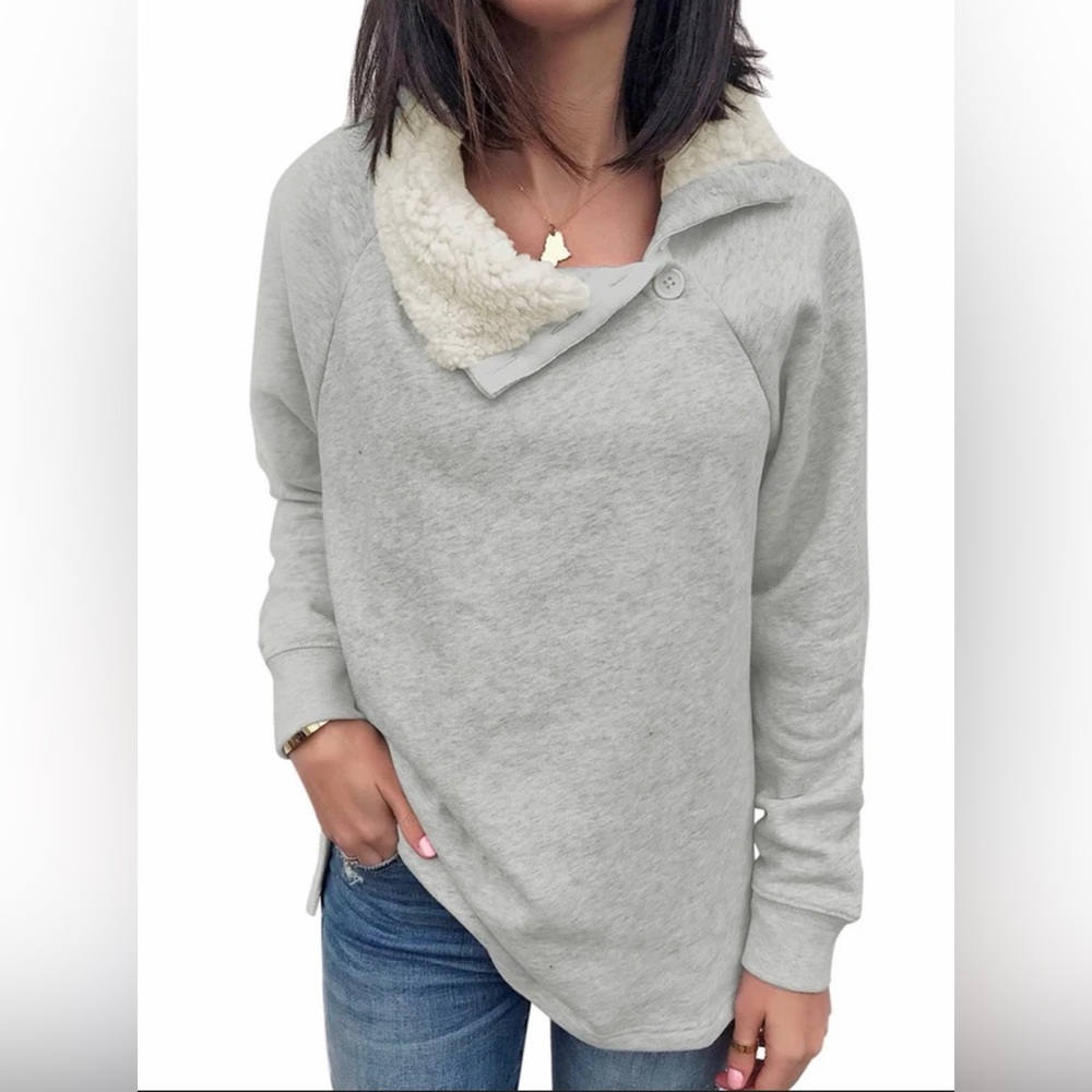 Abercrombie & Fitch Light Heather Gray Cream Sherpa Collar Pullover Sz XXS